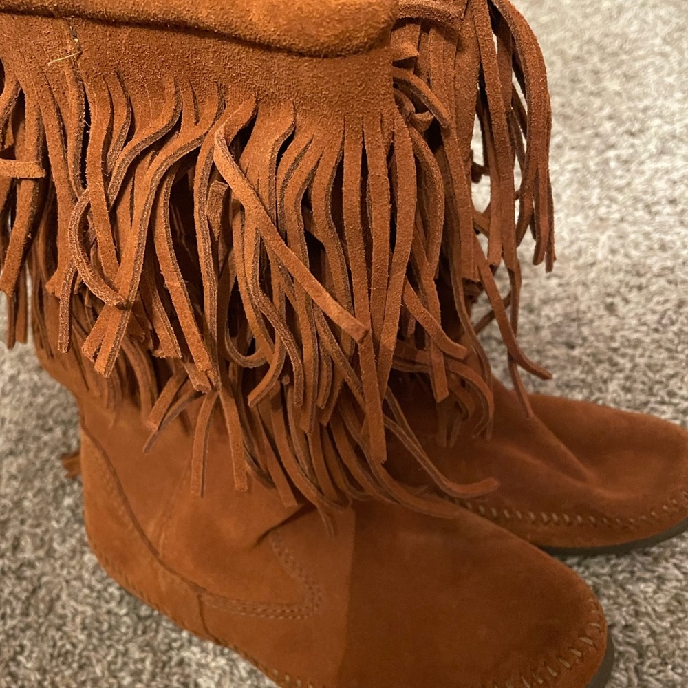 Minnetonka Suede Fringe Moccasin Boots - Chestnut Brown